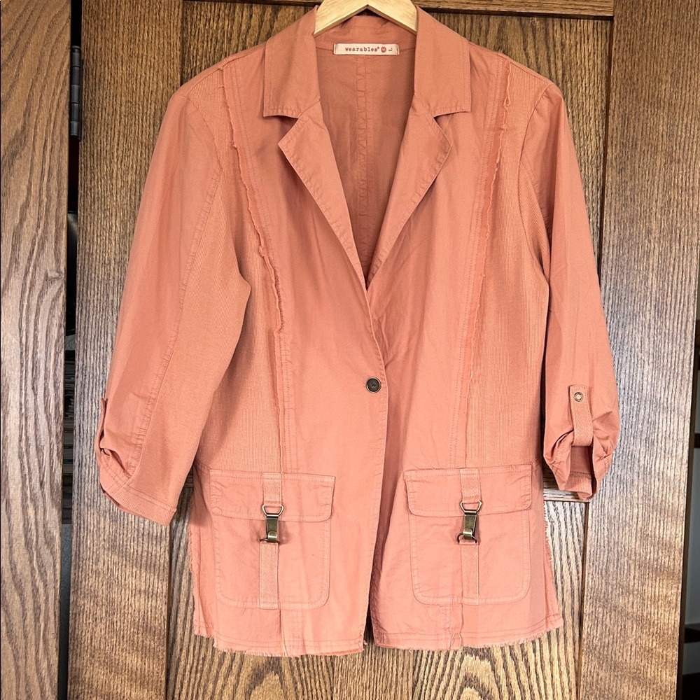 XCVI Twill/Jersey 3/4 Sleeve Women's Peach Blazer Jacket - L